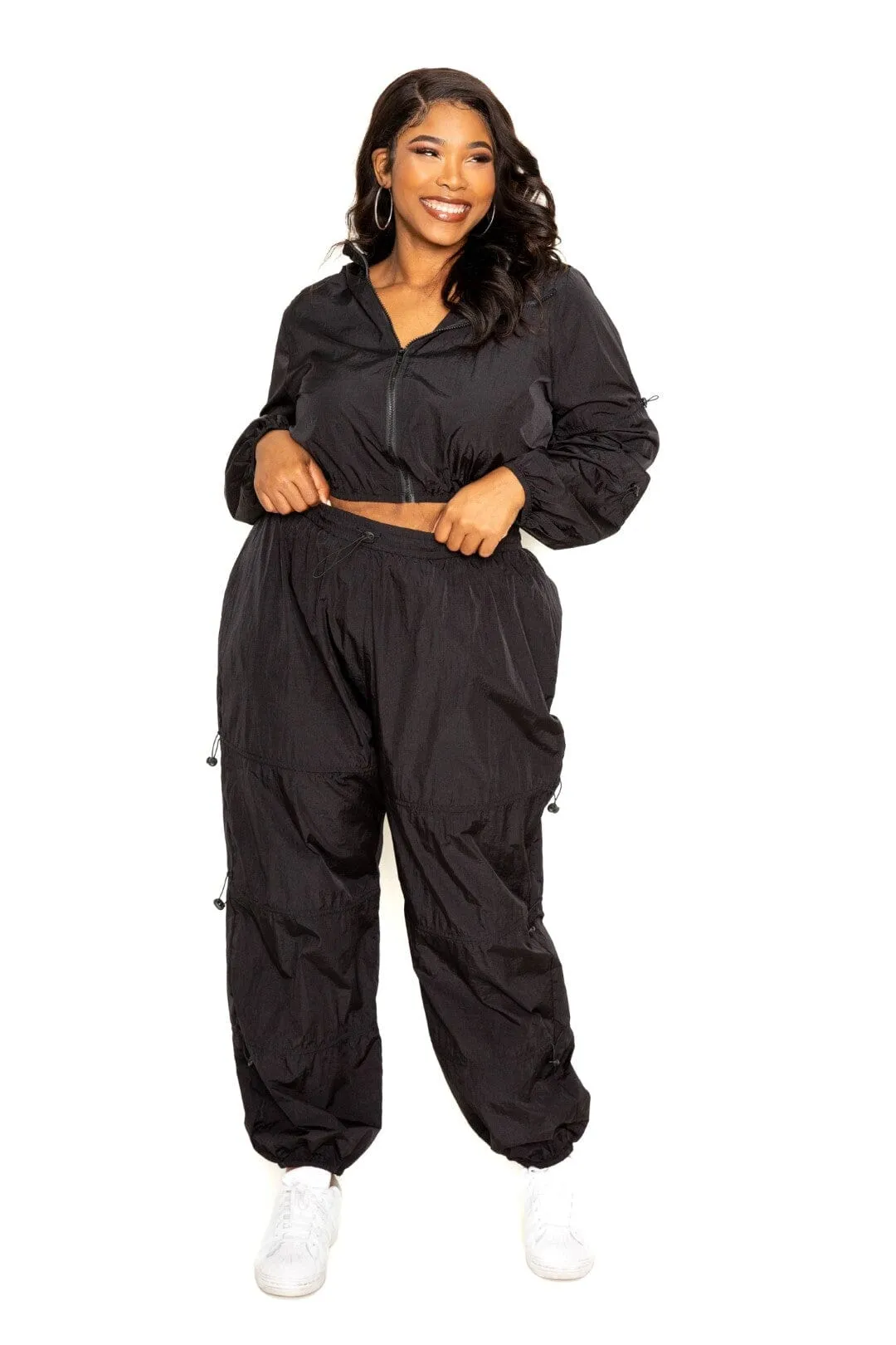 Plus Size 2 piece Black Cord Lock Detail Long Sleeve Zip Up Crop Top and pant activewear Set