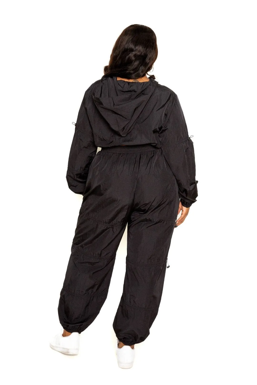 Plus Size 2 piece Black Cord Lock Detail Long Sleeve Zip Up Crop Top and pant activewear Set