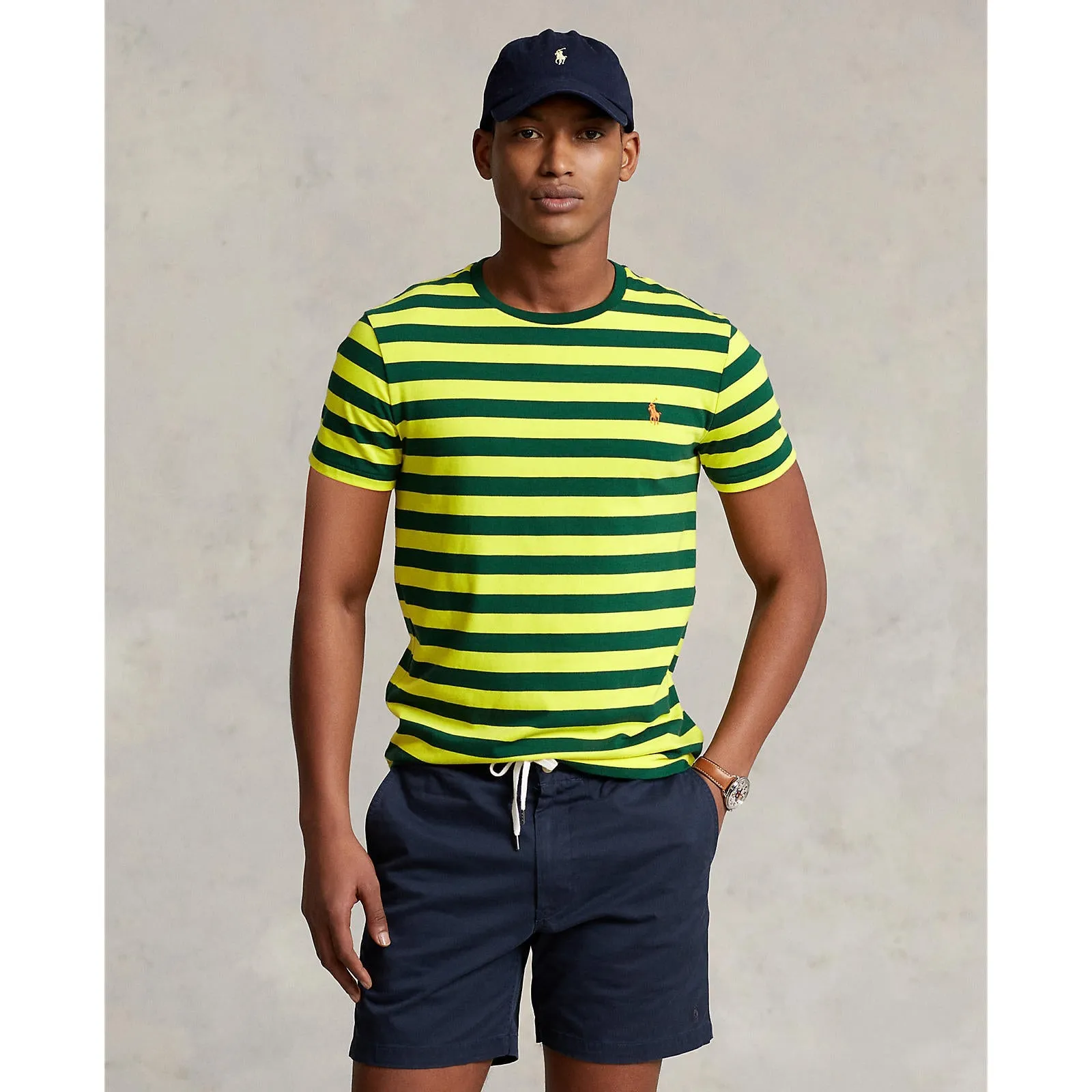 Polo Ralph Lauren - Custom Fit Jersey Crewneck T-Shirt - Stripe - Bright Yellow & Forest Green