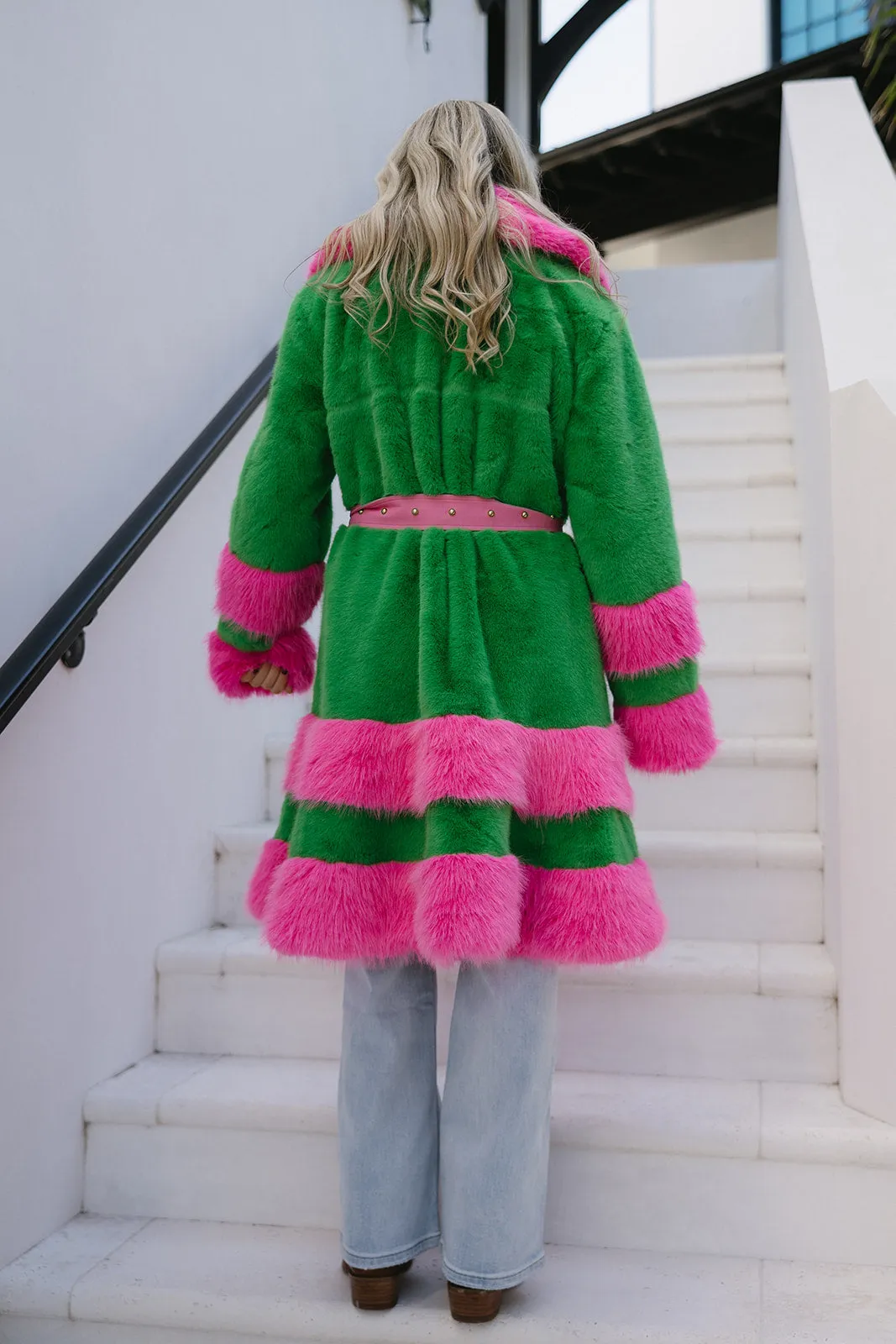 Presley Faux Fur Maxi Coat - Green/Pink