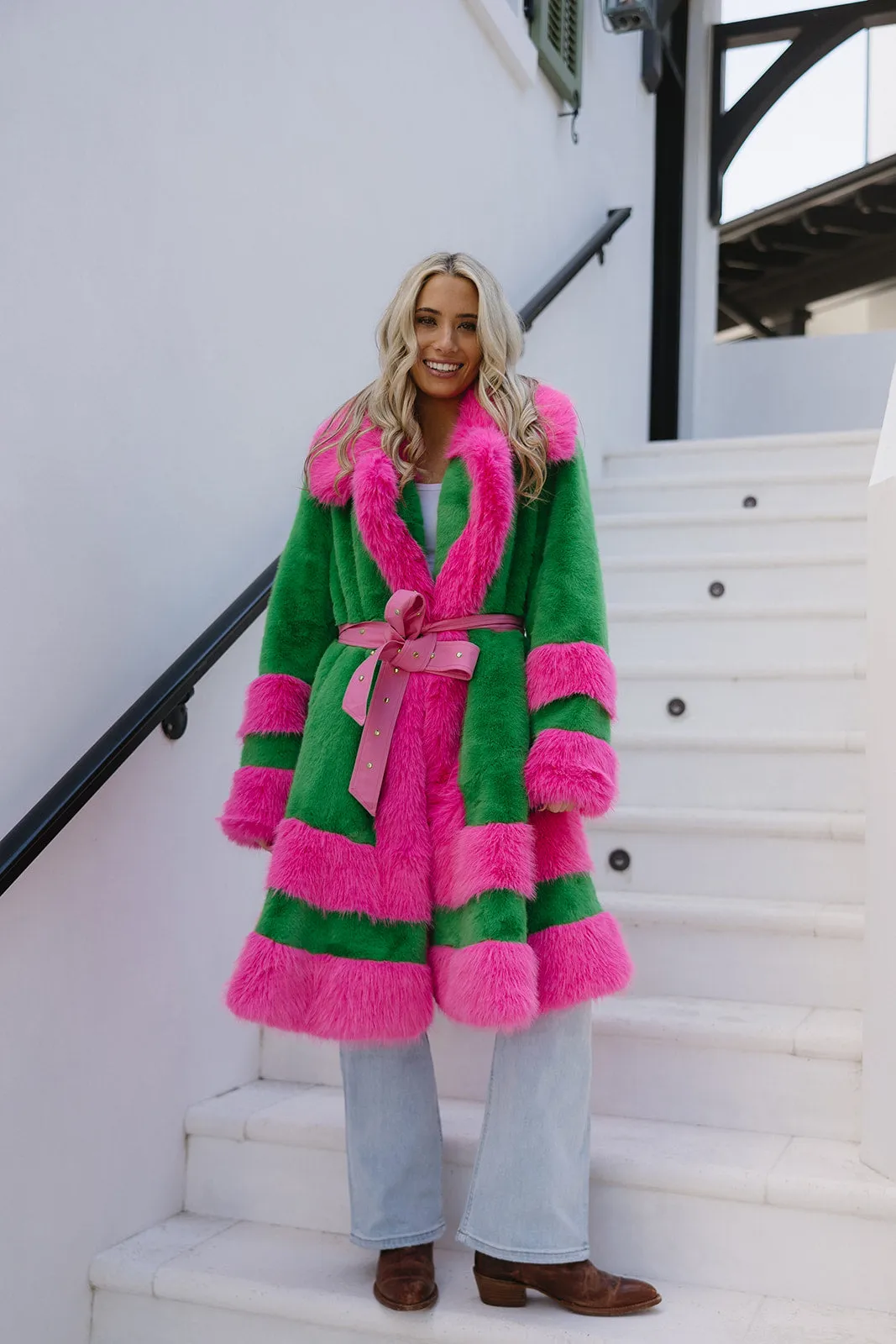 Presley Faux Fur Maxi Coat - Green/Pink