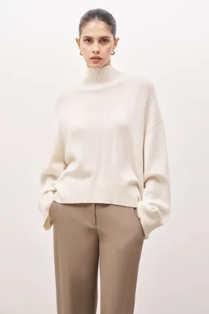 Relaxed High Neck Cashmere Blend Jumper - Cream