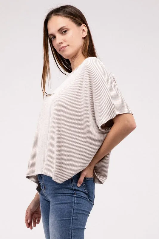 Ribbed Striped Oversized Short Sleeve Top