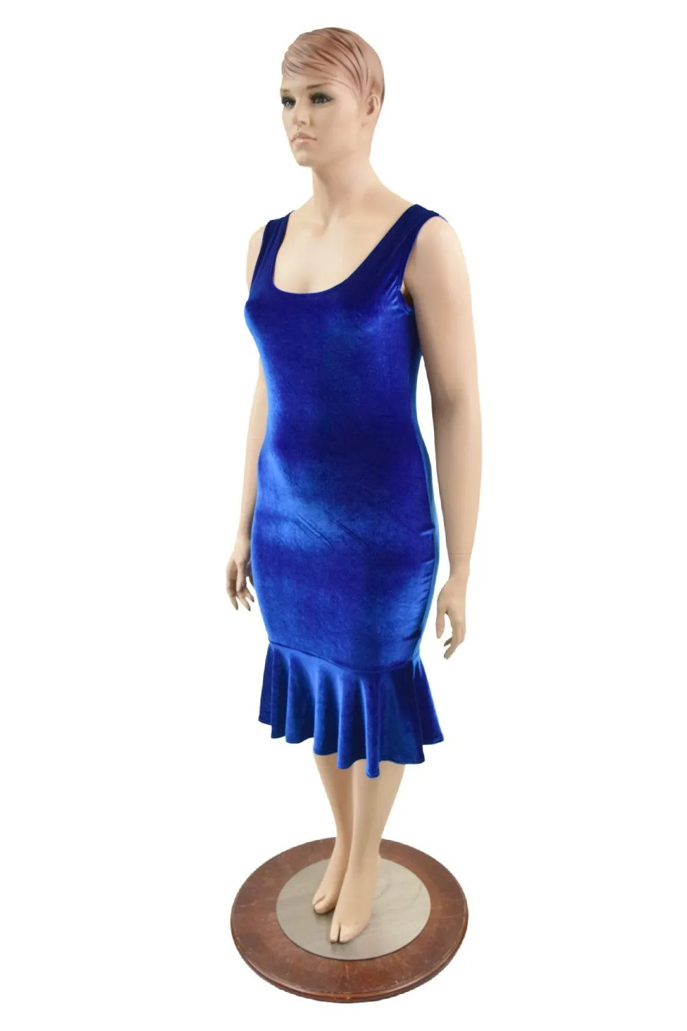 Sapphire Velvet Tank Style Ruffled Wiggle Dress