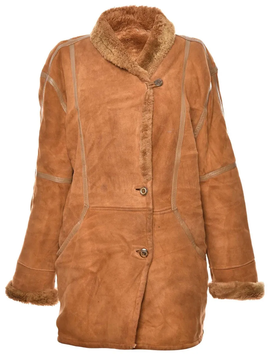 Shearling Lined Suede Brown Coat - M