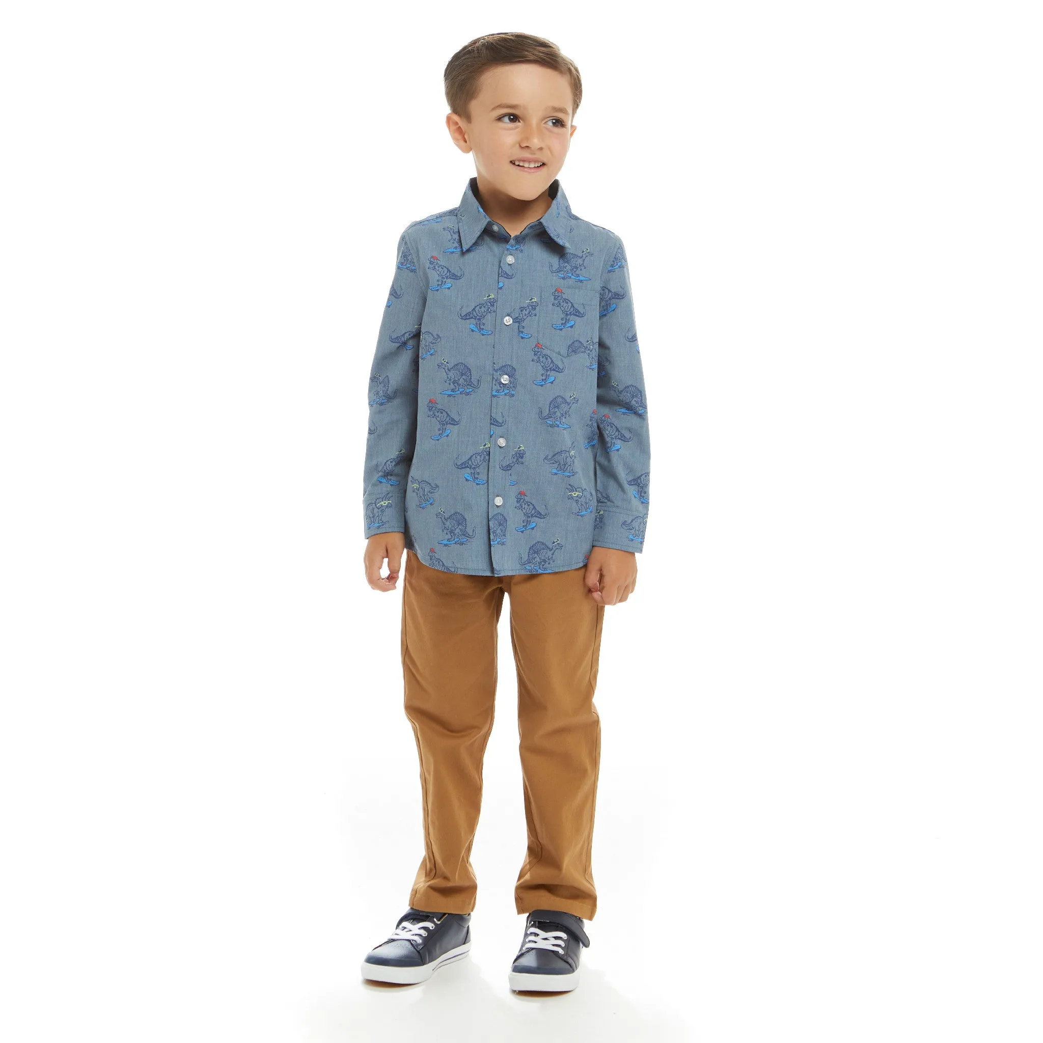 Skateboarding Dino Chambray Buttondown Set  | Blue