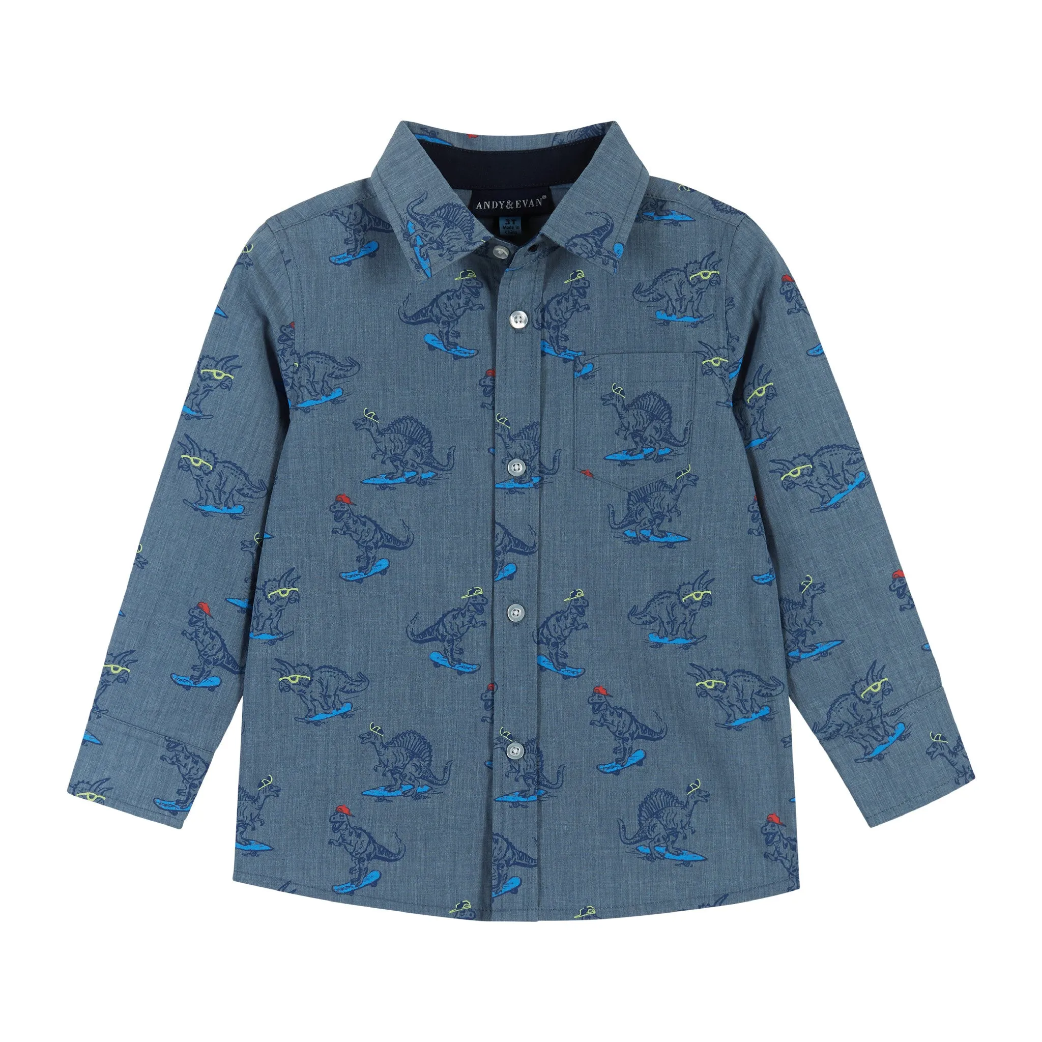 Skateboarding Dino Chambray Buttondown Set  | Blue