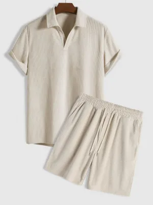 Solid Color Plain Shirt And Corduroy Shorts Set