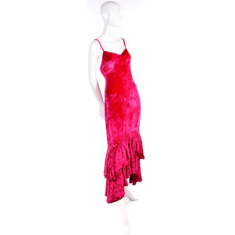 Sonia Rykiel Raspberry Pink Crushed Velvet Dress W/ Layered High Low Ruffle Hem