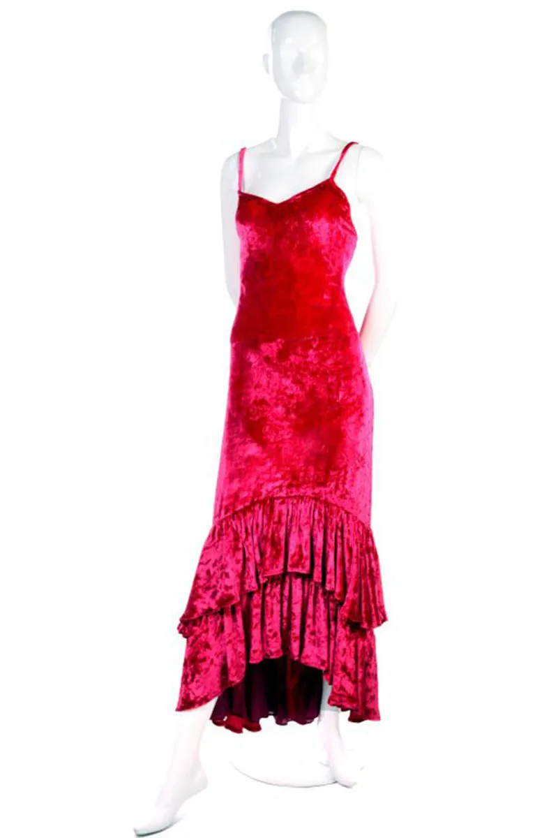 Sonia Rykiel Raspberry Pink Crushed Velvet Dress W/ Layered High Low Ruffle Hem