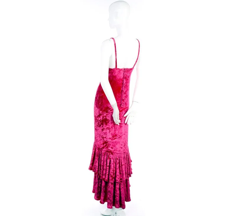 Sonia Rykiel Raspberry Pink Crushed Velvet Dress W/ Layered High Low Ruffle Hem