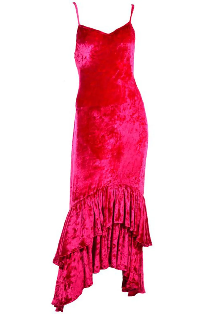 Sonia Rykiel Raspberry Pink Crushed Velvet Dress W/ Layered High Low Ruffle Hem