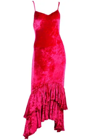 Sonia Rykiel Raspberry Pink Crushed Velvet Dress W/ Layered High Low Ruffle Hem