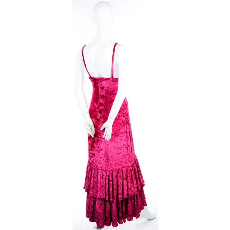 Sonia Rykiel Raspberry Pink Crushed Velvet Dress W/ Layered High Low Ruffle Hem