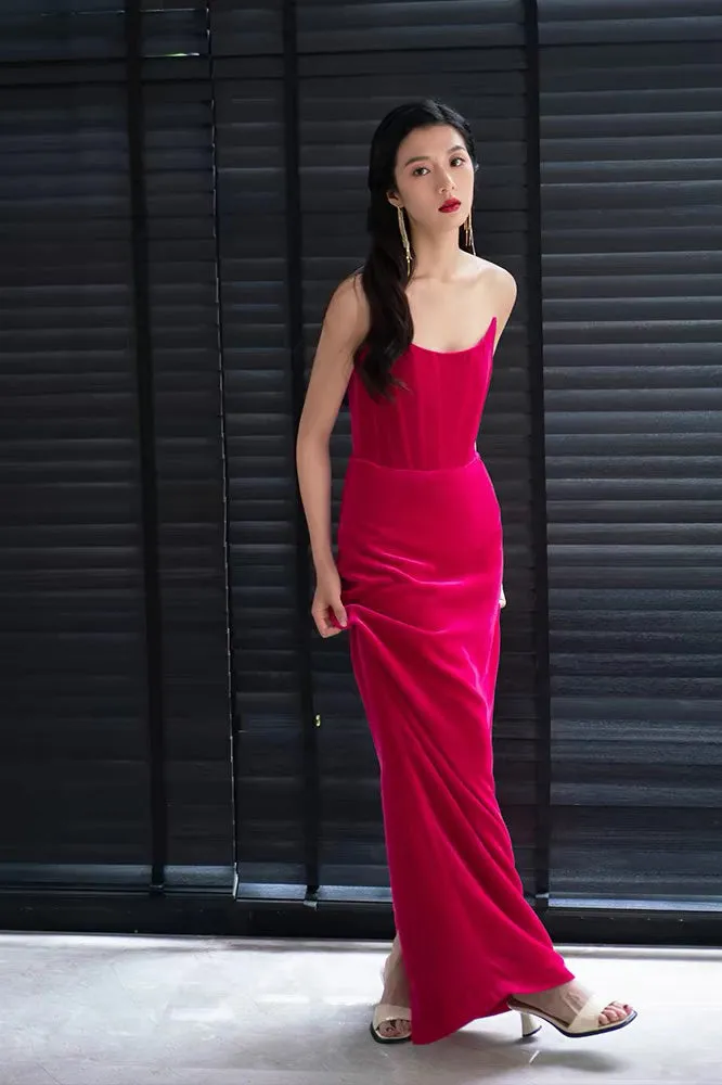 Strapless Hot Pink Velvet Long Party Evening Prom Dress With Slit