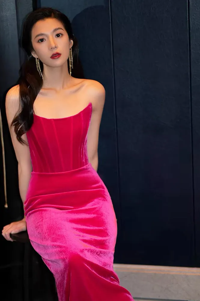 Strapless Hot Pink Velvet Long Party Evening Prom Dress With Slit