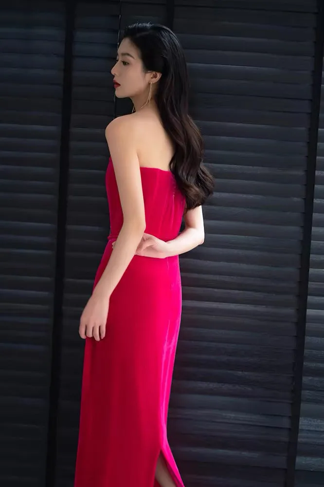 Strapless Hot Pink Velvet Long Party Evening Prom Dress With Slit