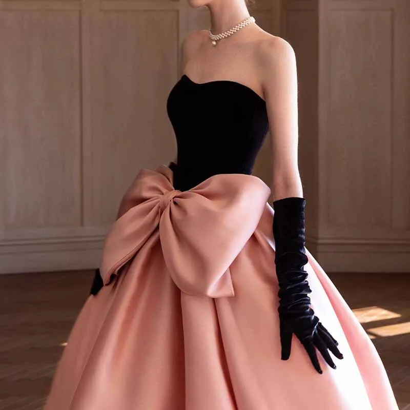 Strapless Party Dress wit Bow A-Line Velvet Satin Long Prom Dress