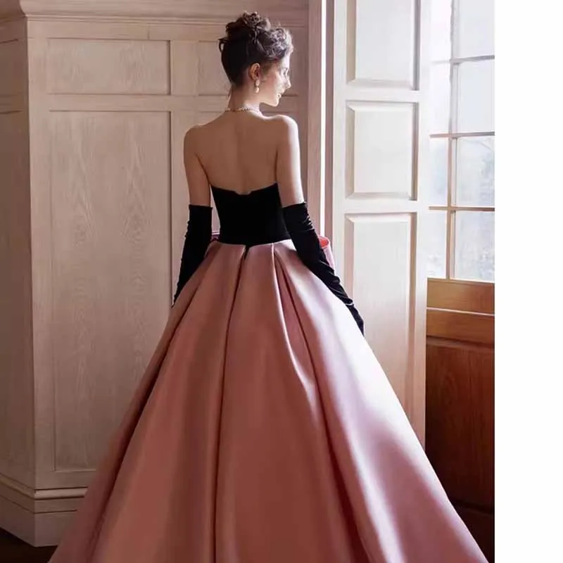 Strapless Party Dress wit Bow A-Line Velvet Satin Long Prom Dress