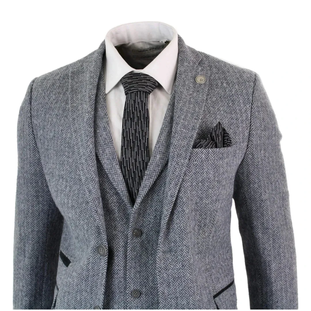 STZ11 - Men's Light Grey 3 Piece Tweed Suit Herringbone Wool