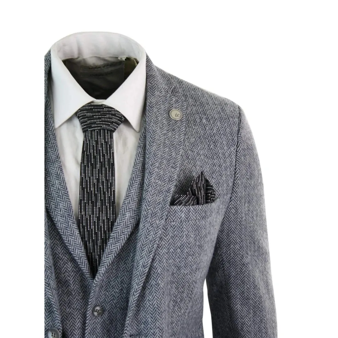 STZ11 - Men's Light Grey 3 Piece Tweed Suit Herringbone Wool