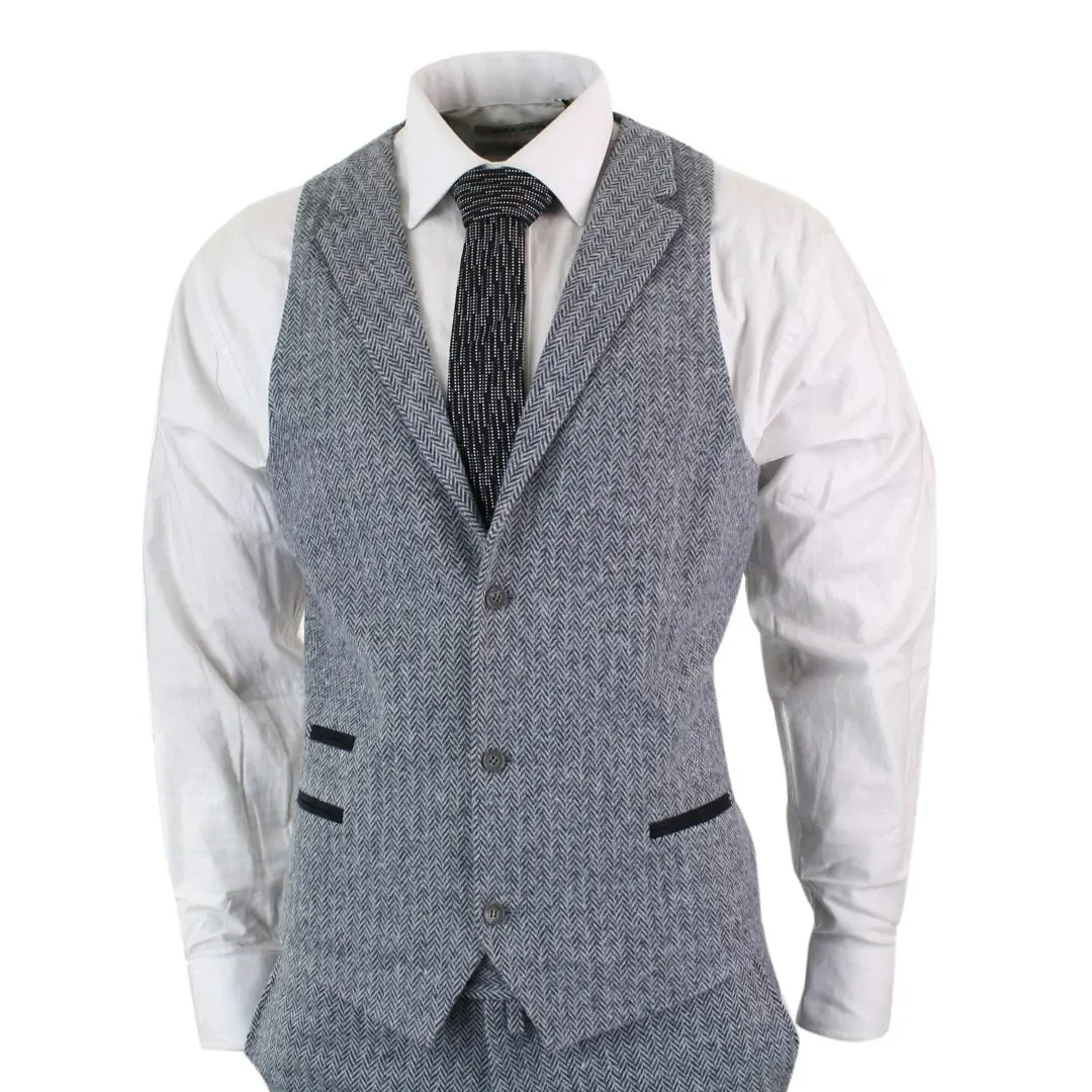 STZ11 - Men's Light Grey 3 Piece Tweed Suit Herringbone Wool