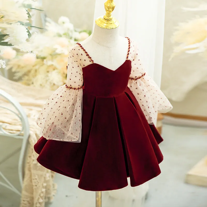 Toddler Ball Gowns Girl Wine Red Polka Dot Trumpet Sleeve Velvet Princess Dress