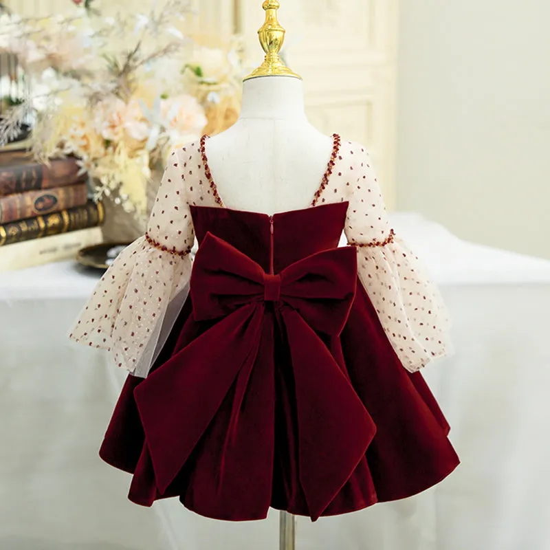 Toddler Ball Gowns Girl Wine Red Polka Dot Trumpet Sleeve Velvet Princess Dress