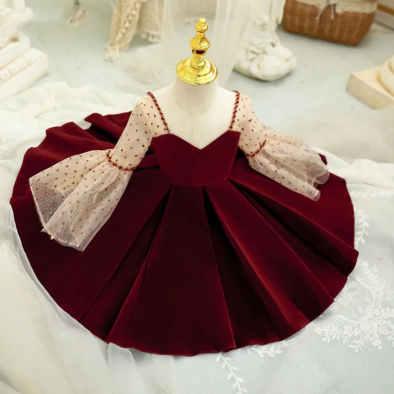 Toddler Ball Gowns Girl Wine Red Polka Dot Trumpet Sleeve Velvet Princess Dress