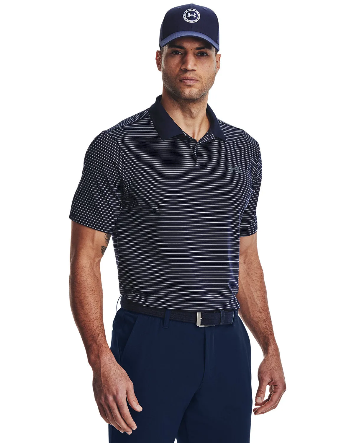 Under Armour Mens 3.0 Striped Perf Custom Polos, Medium Navy