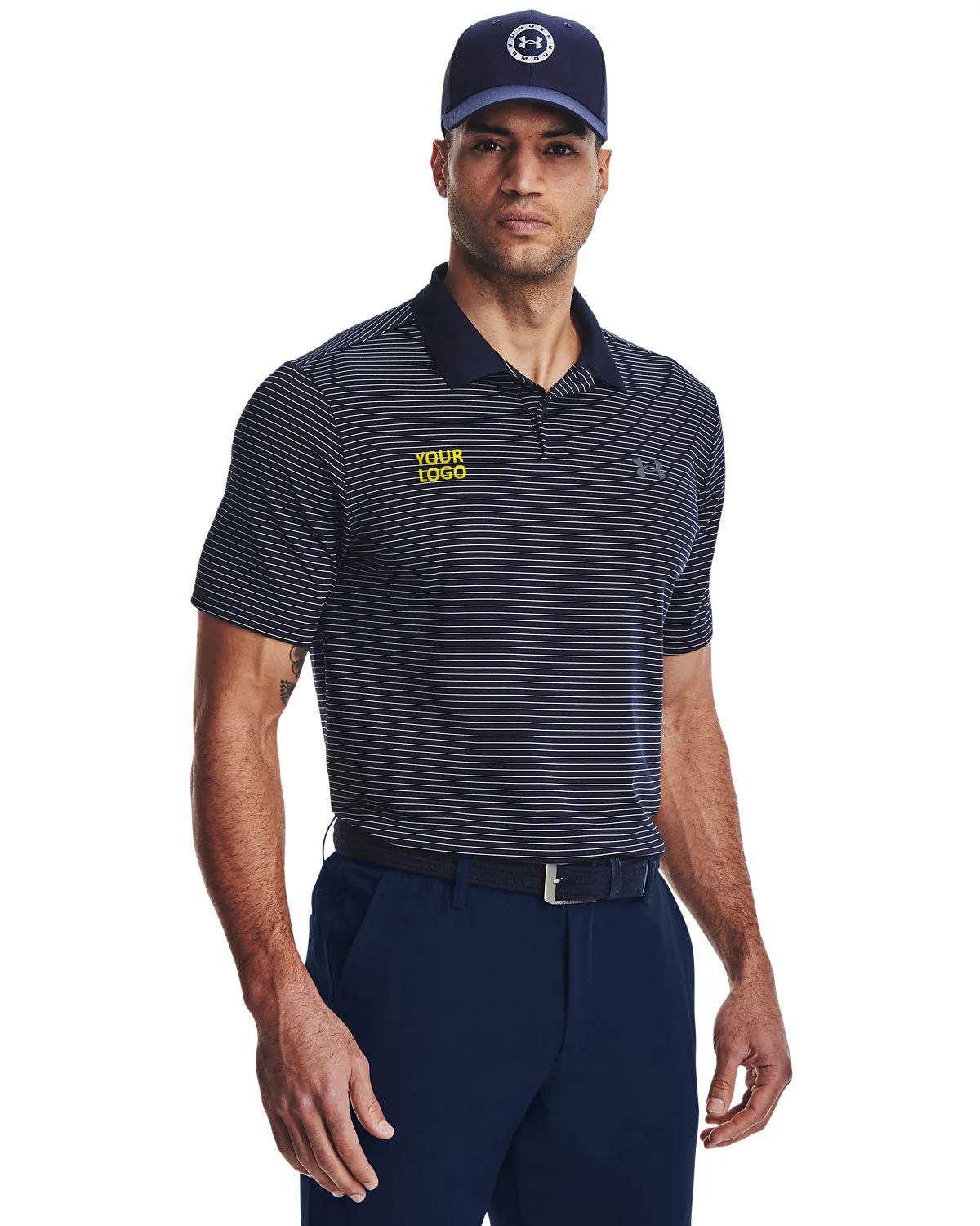 Under Armour Mens 3.0 Striped Perf Custom Polos, Medium Navy