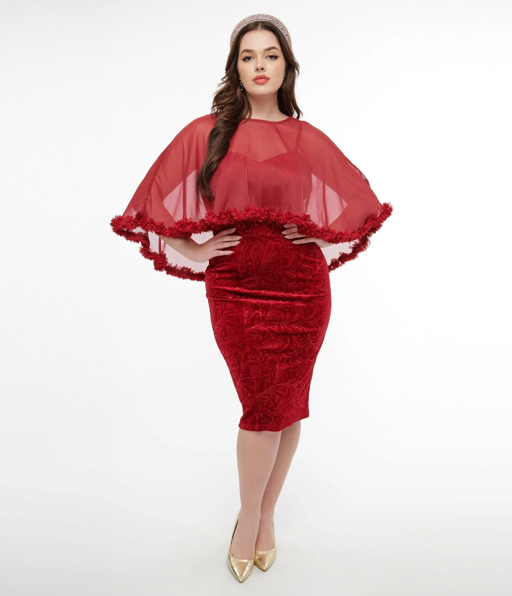 Unique Vintage 1960s Red Velvet Ruffle Capelet Wiggle Dress