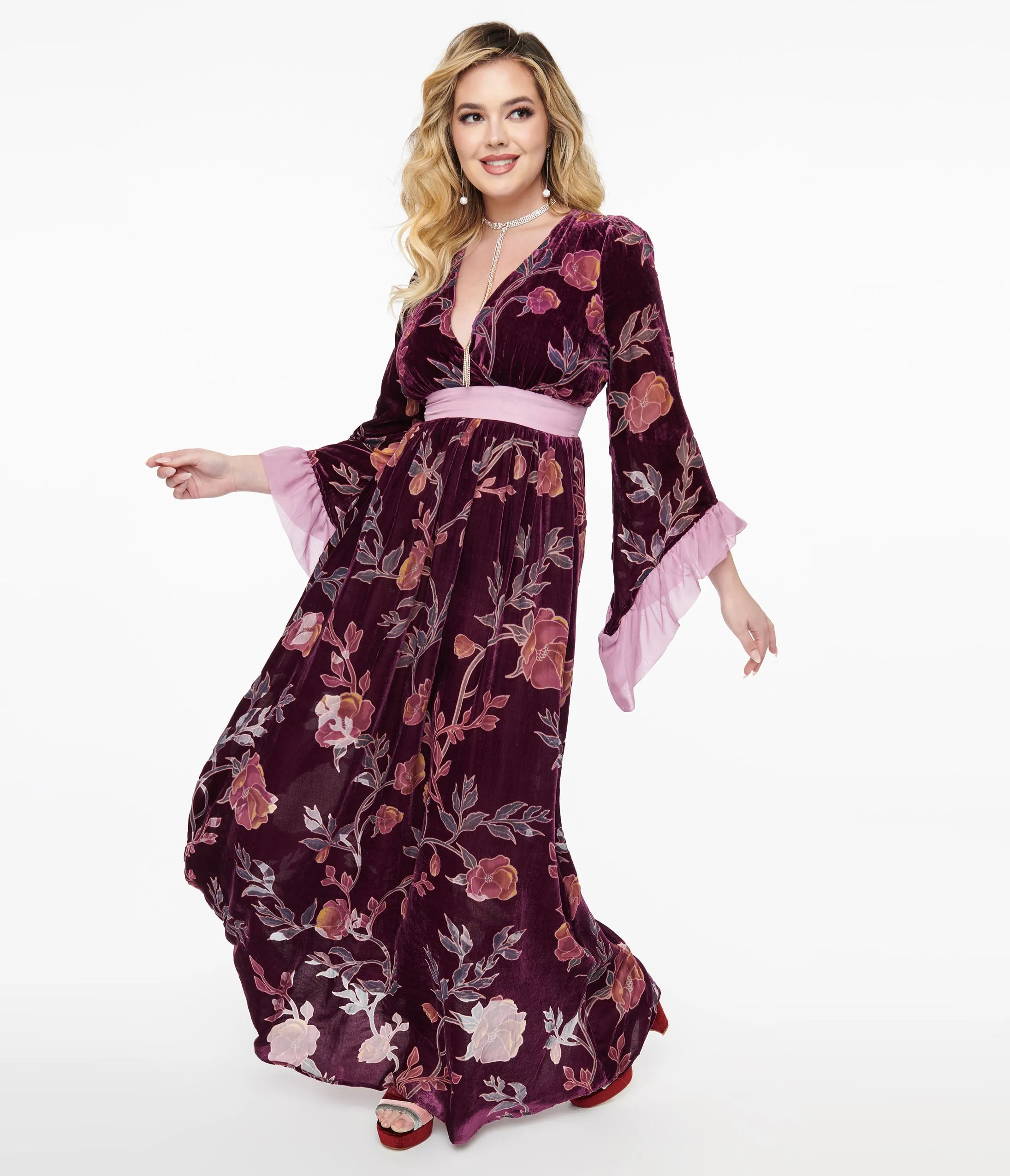 Unique Vintage 1970s Purple Floral Burnout Velvet Maxi Dress