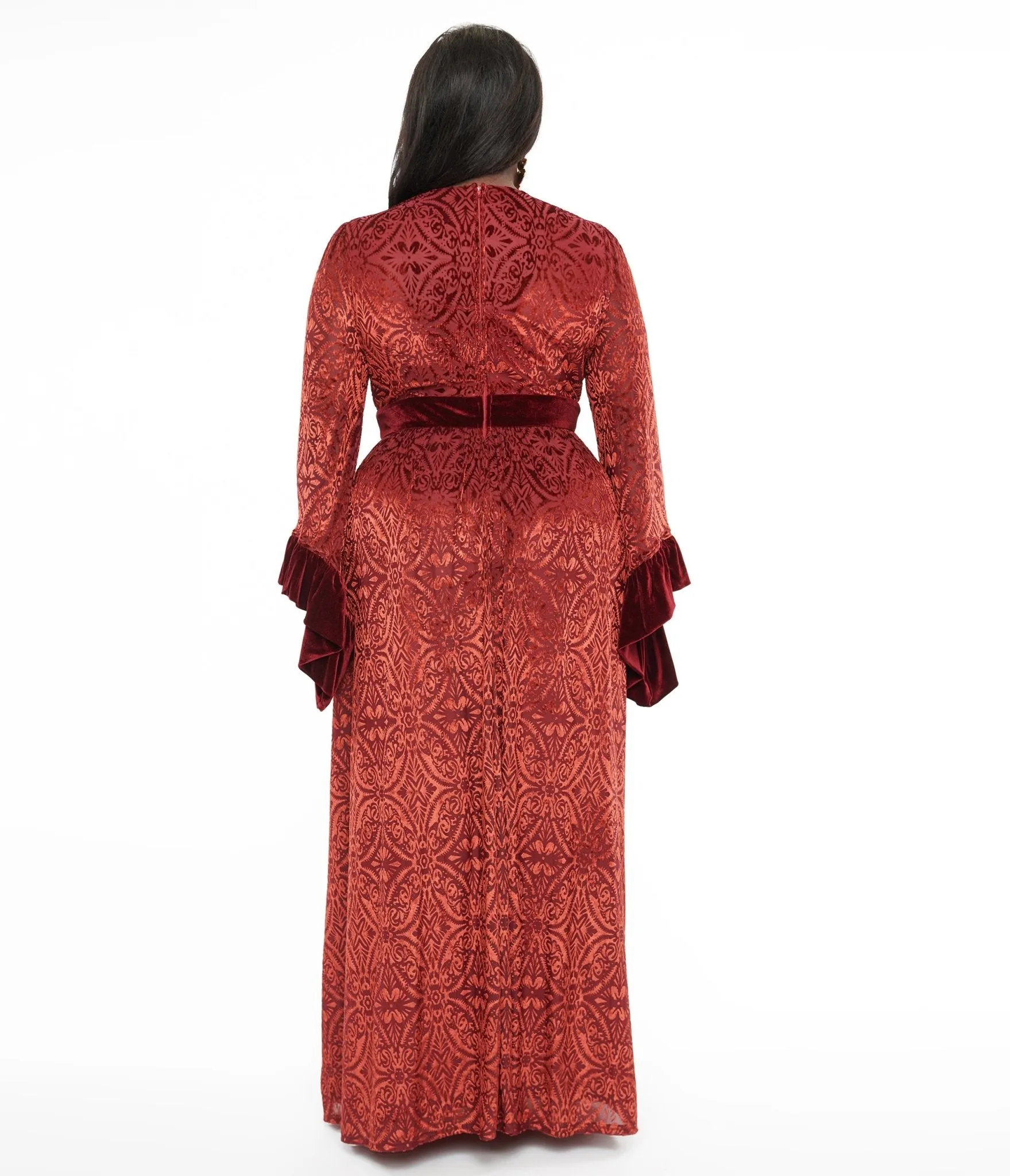 Unique Vintage Plus Size 1970s Burgundy Velvet Burnout Maxi Dress