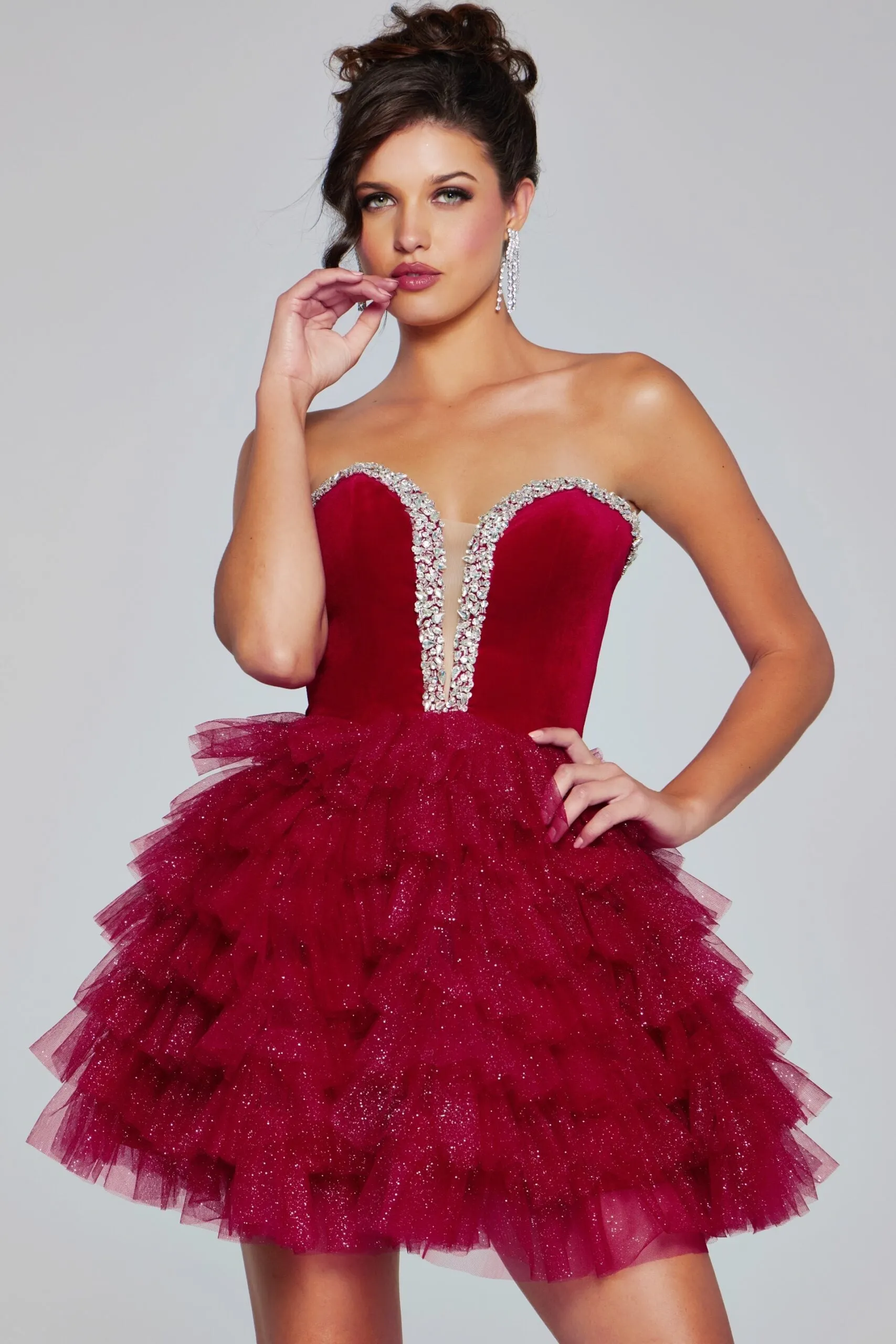 Velvet Short Strapless Ruffled Dress by Jovani 40352