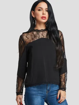 Wholesale Round Neck Sheer Plain Lace Long Sleeve Black Blouses