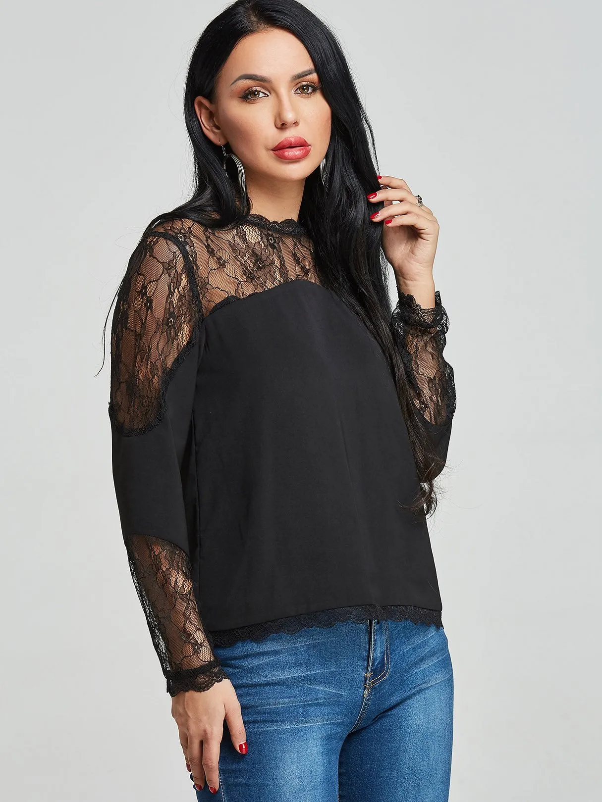 Wholesale Round Neck Sheer Plain Lace Long Sleeve Black Blouses