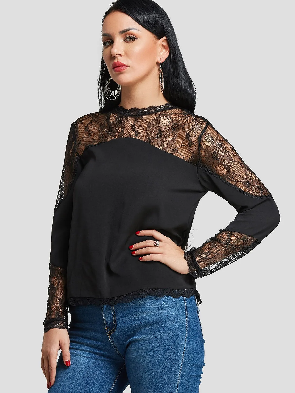 Wholesale Round Neck Sheer Plain Lace Long Sleeve Black Blouses