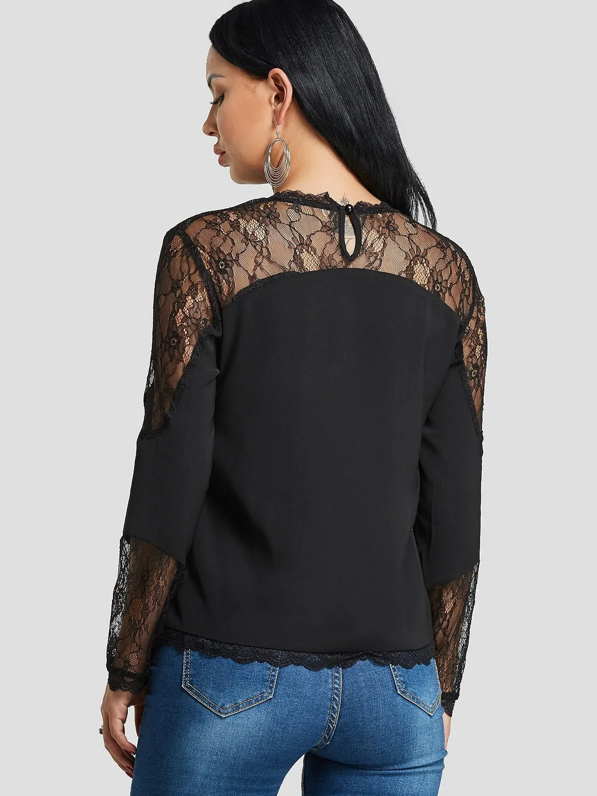 Wholesale Round Neck Sheer Plain Lace Long Sleeve Black Blouses