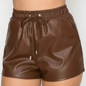 Womens Chocolate High Waist Leather Short