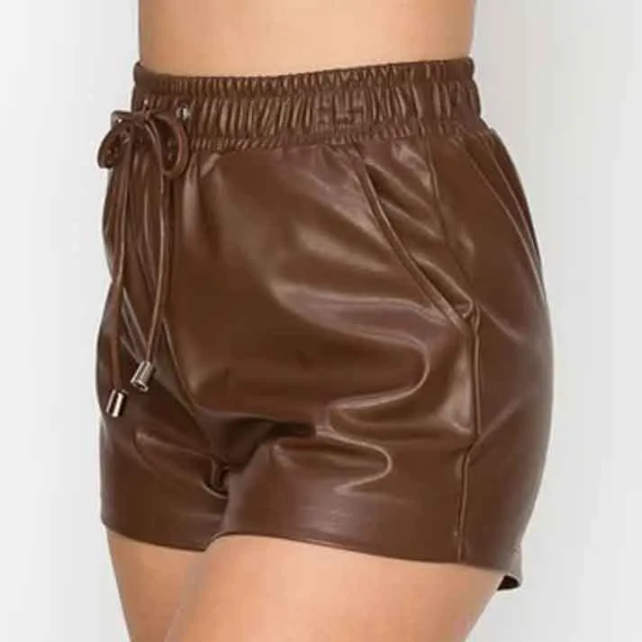 Womens Chocolate High Waist Leather Short