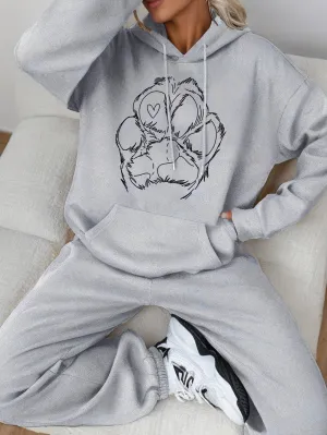 Women's Cotton Paw Print Sweater & Joggers Tracksuit Set | Ideal for Autumn/Winter