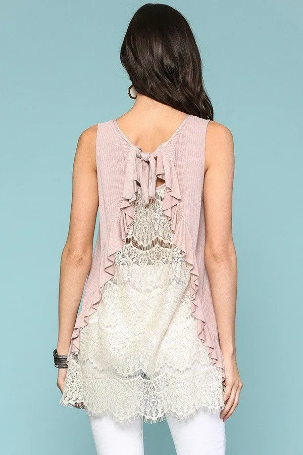 Women's Sleeveless Back Lace Ruffle Detail Tank Top