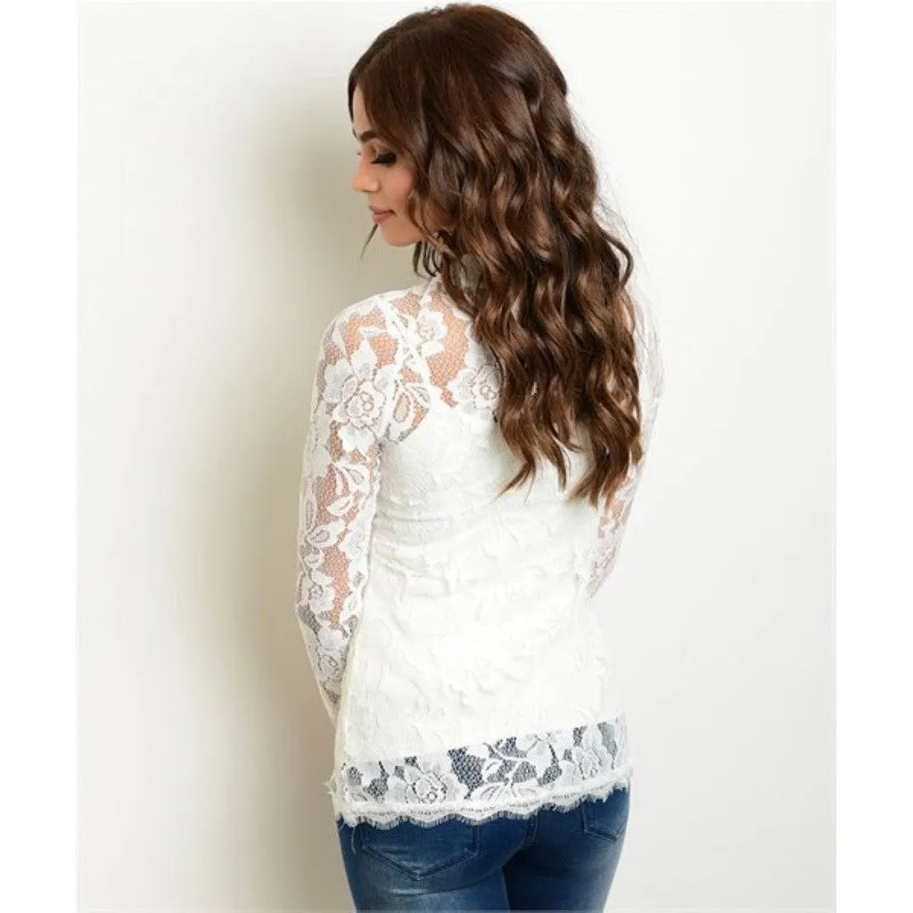 Women's Top Ivory Lace Long Sleeve Blouse